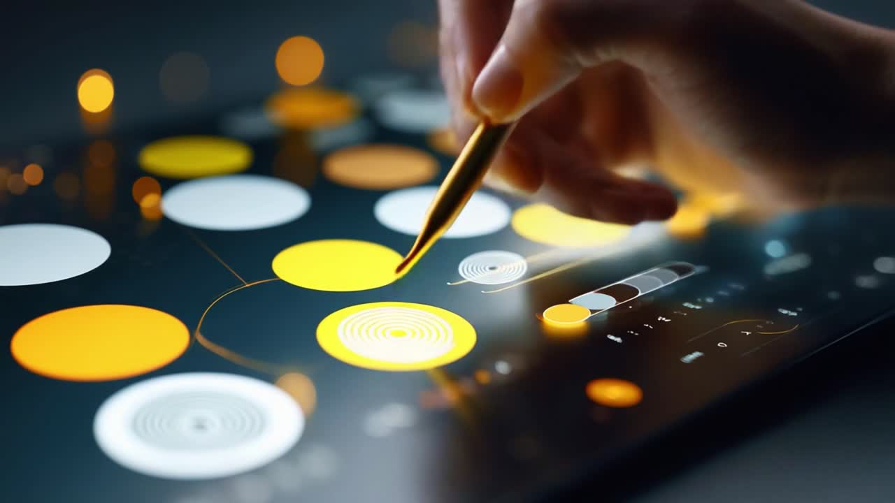 A hand delicately using a golden pen on a modern tablet screen, creating vibrant digital designs filled with various colors and intricate patterns, highlighting creativity and innovation