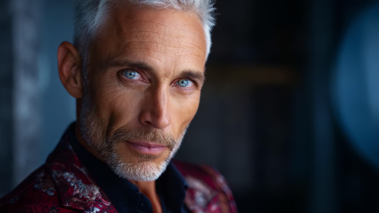 Ritratto accattivante di un uomo distinto con capelli argentati e intensi occhi azzurri, che mette in risalto eleganza e carisma in un abito alla moda