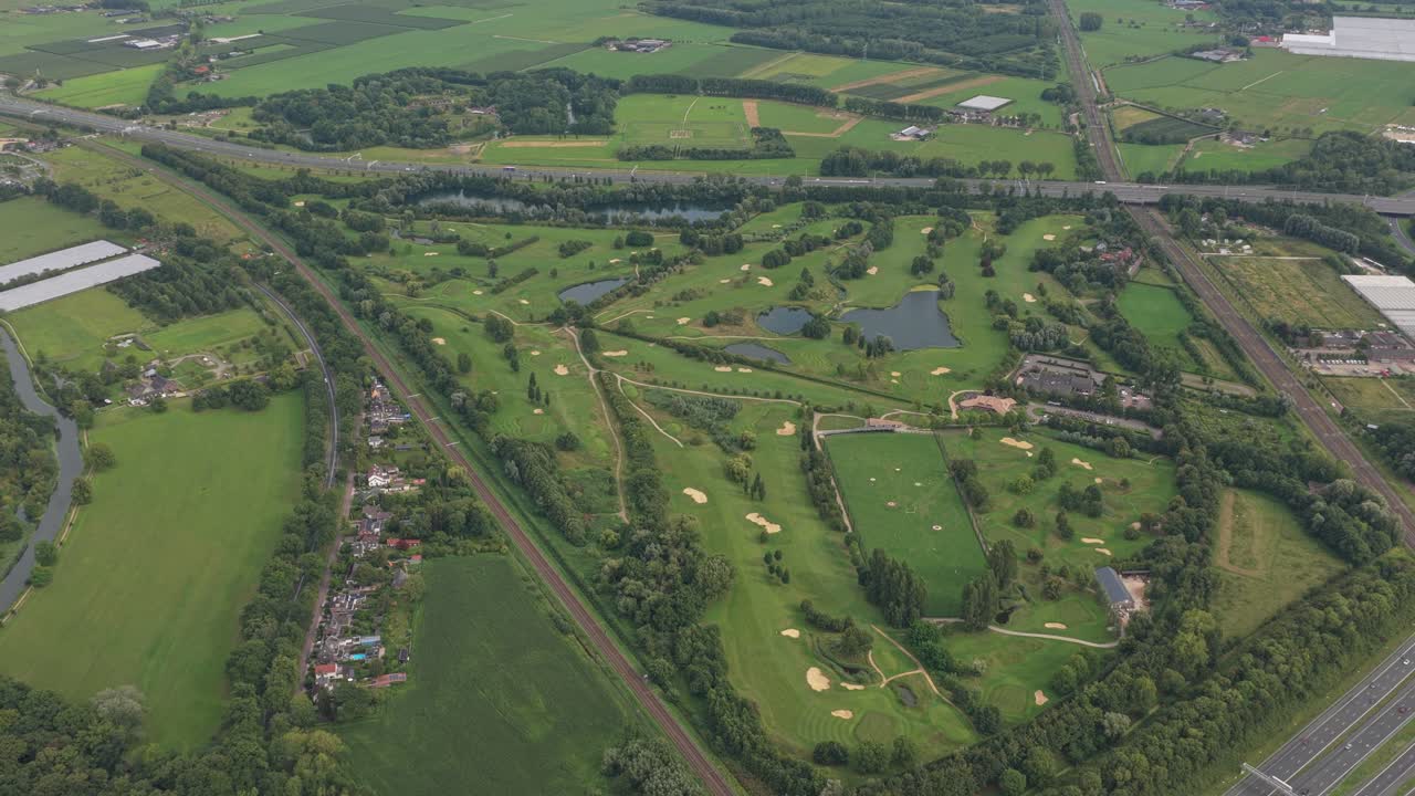 Aerial panorama of golf club in Utrecht landscape, sports leisure venue NL