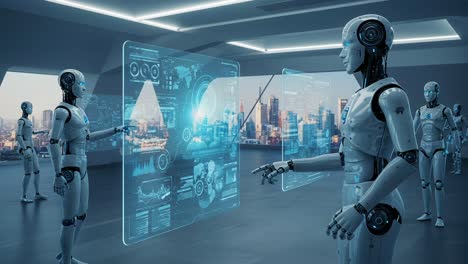 futuristic robots interacting with holographic interfaces in a sleek urban environment, showcasing advanced technology and data visualization