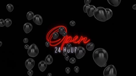 animation of text open 24 hours, in red neon and white, with black balloons, on black background