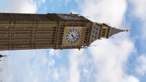 vertical shot of iconic big ben against blue sky with clouds in london, england