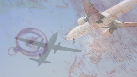animación del avión sobre el mapa y la brújula