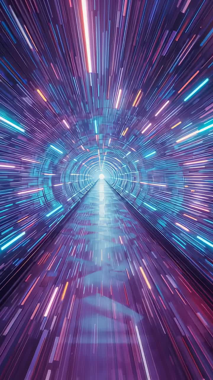 Vertical video: Opening neon-lit rings propelling viewer through tube, with reflective floor panels