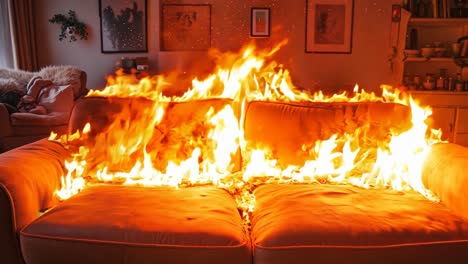 a couch that is on fire in a living room