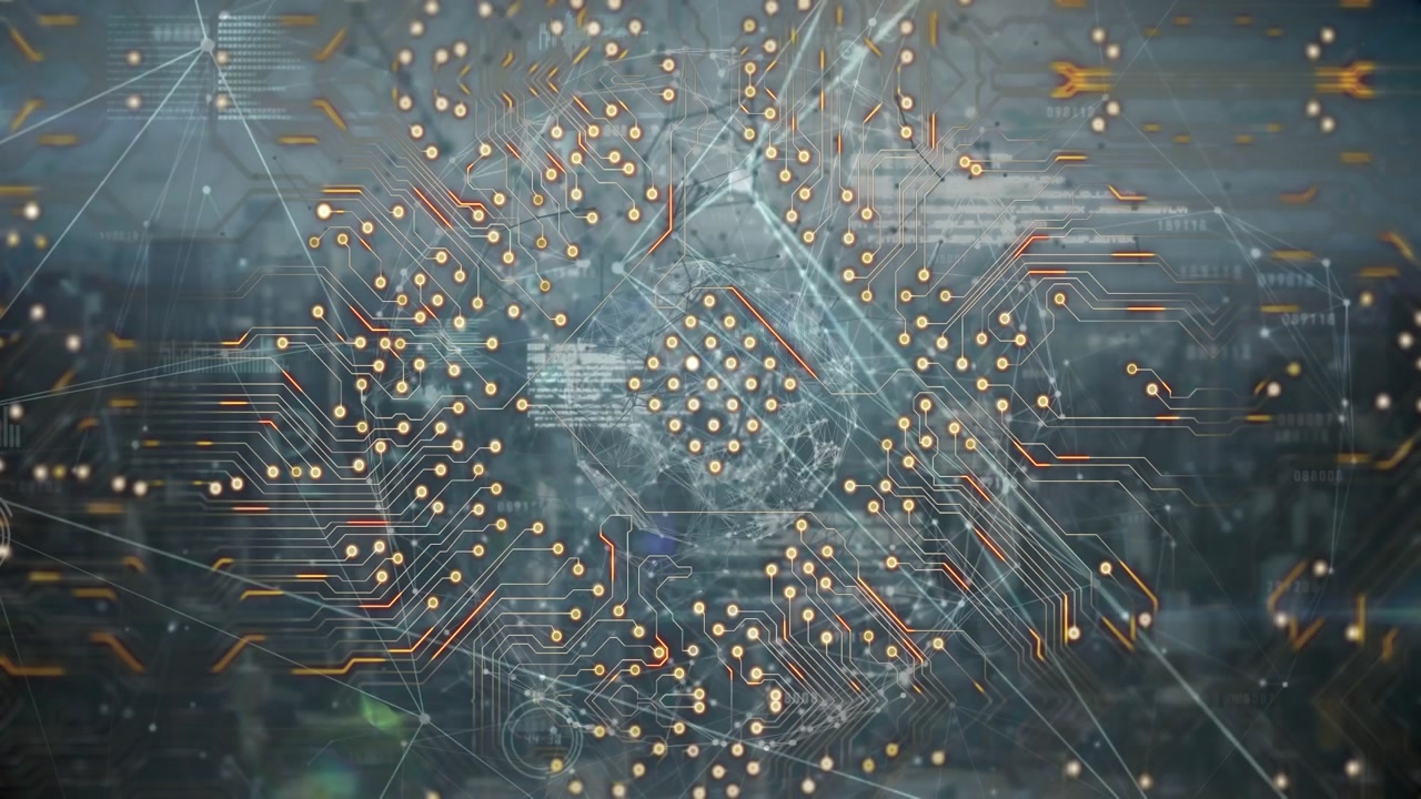 Animation of integrated circuit and globe on grey background