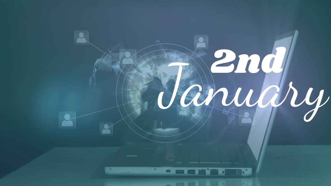 Animation of 2 january, globe with icons and hand of caucasian man using laptop