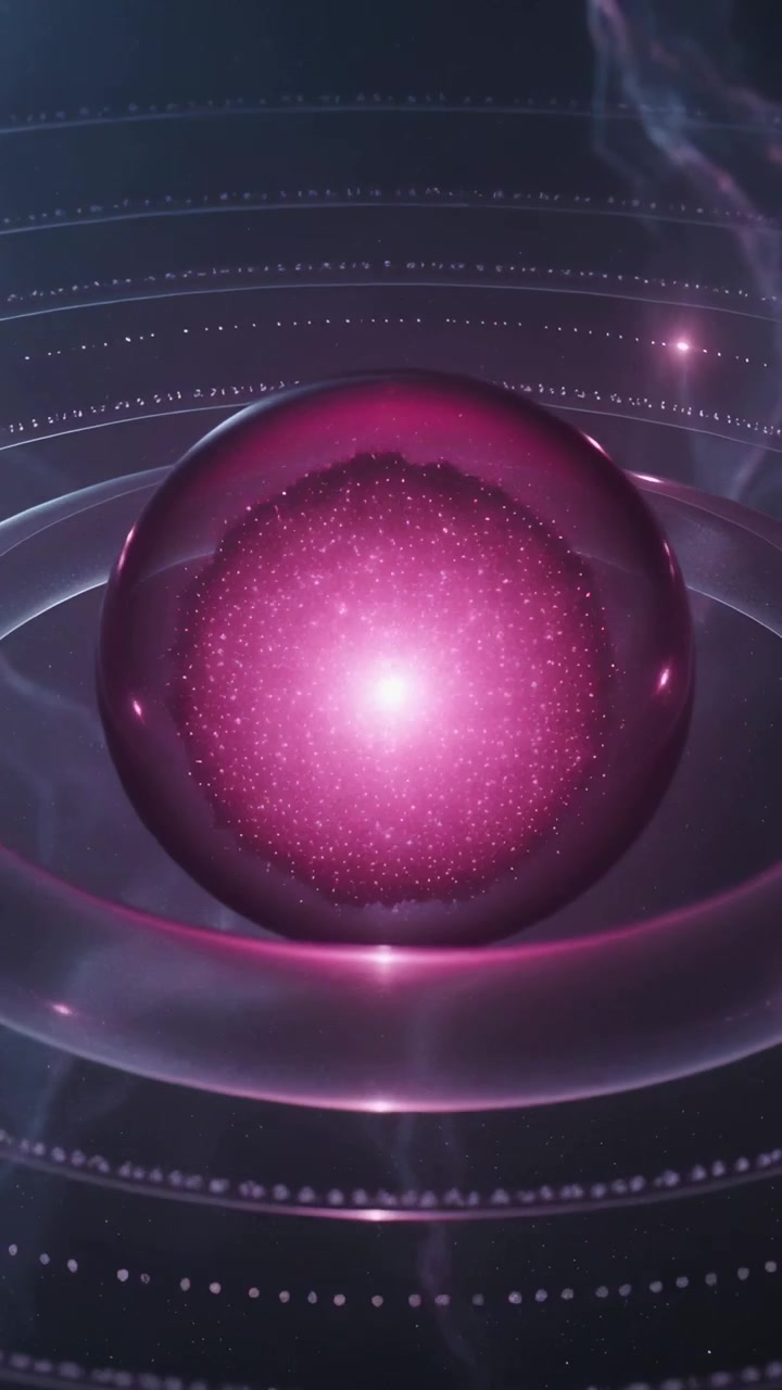 Video verticale: globo rosa vitreo pulsante che reagisce alle scintille che cadono in una camera tecnologica