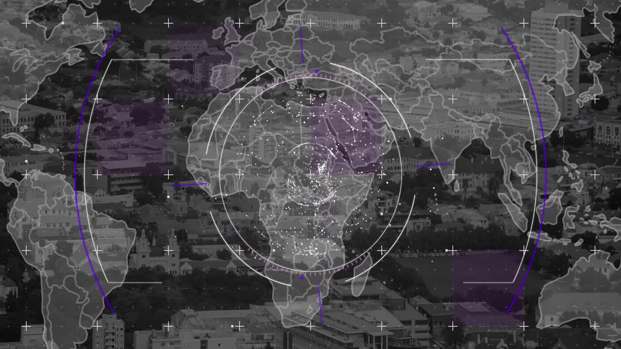都市景観をスキャンしてデータを処理するアニメーション