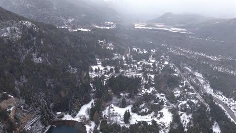 aerial view of colonia suiza, bariloche, during a heavy snowstorm in winter