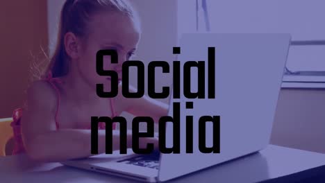 Animation-of-social-media-text-banner-over-caucasian-girl-using-laptop-at-school