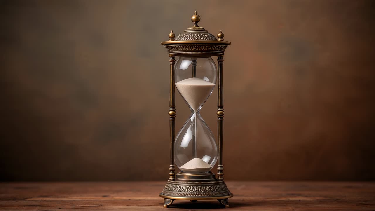 Gravity pulling brass glass hourglass sand through neck on wooden tabletop, capturing sand flow