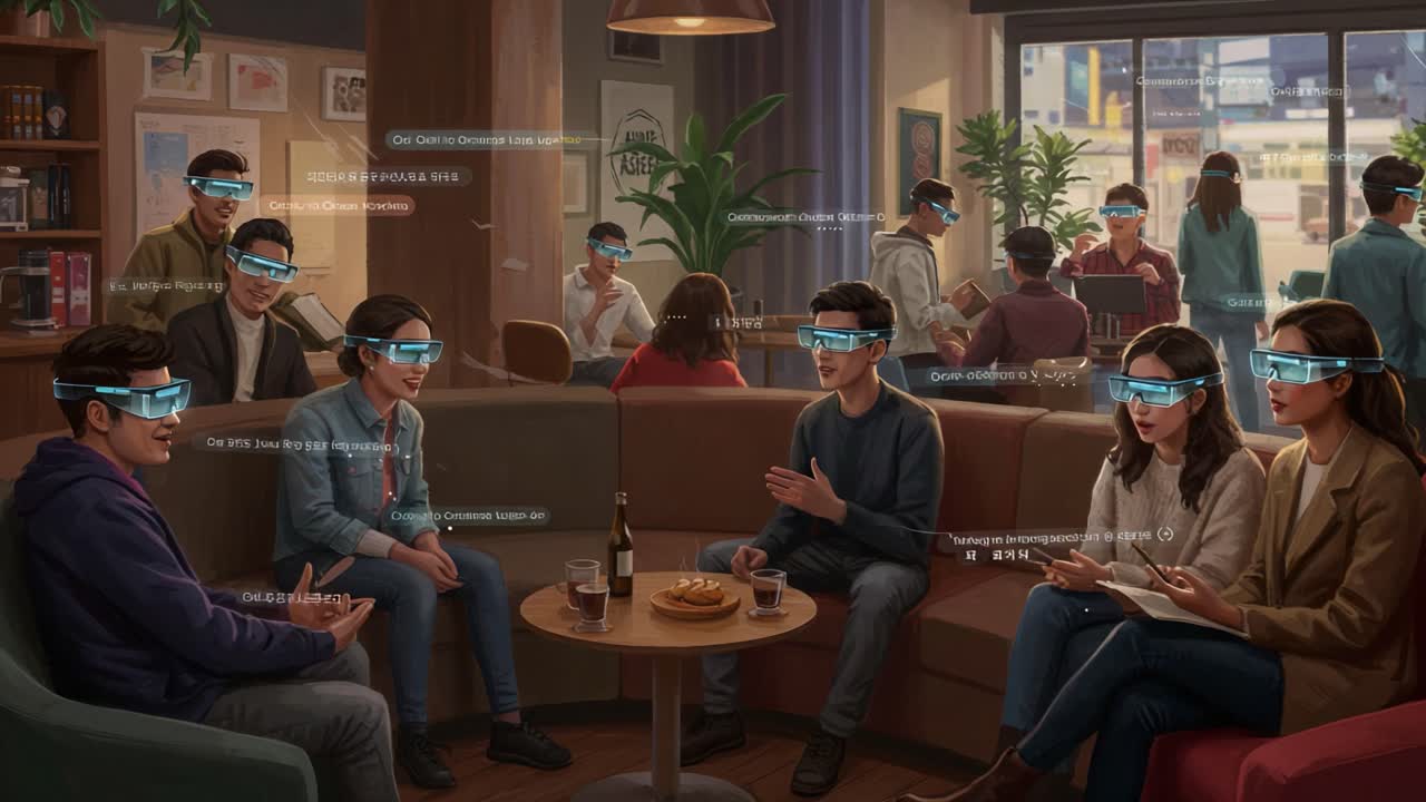 A Multicultural Gathering in a Cozy Café Featuring People Engaged in Conversations While Wearing Advanced Augmented Reality Glasses, Enhancing Interaction and Connectivity