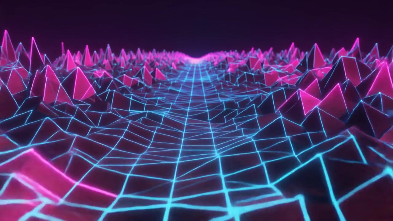 Retro Synthwave Style Digital Landscape with Glowing Neon Grid