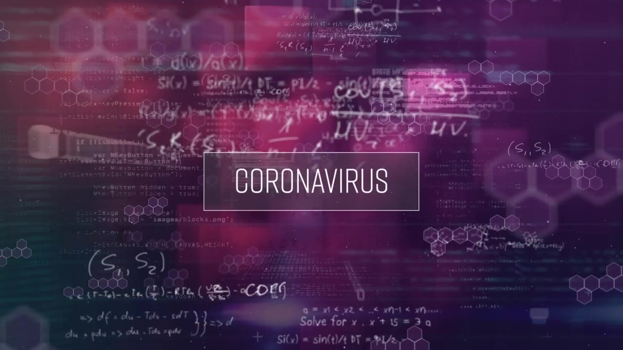 Animazione del testo "coronavirus" su elaborazione di dati con equazioni matematiche su sfondo nero.