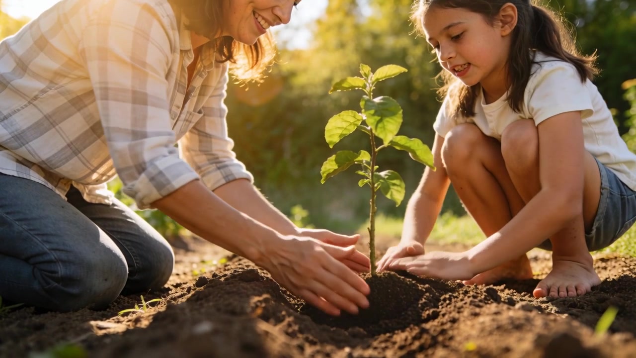 Planting plaid-clad woman guiding girl in garden placing sapling rootball in dug hole for planting
