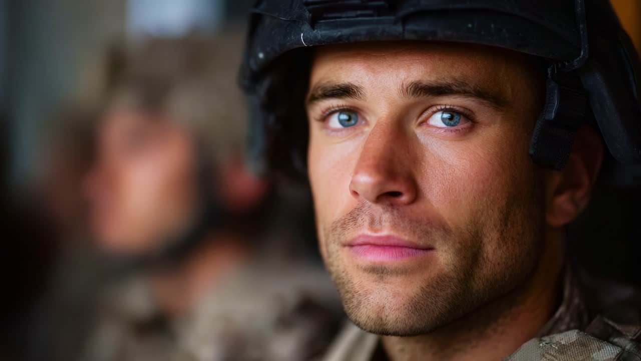 A soldier's intense gaze captured in a moment of reflection, showcasing determination and focus amidst a backdrop of military camaraderie and readiness