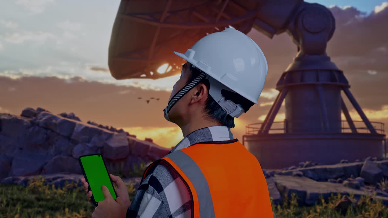 Close Up Back View Of Asian Male Engineer With Safety Helmet Working On A Green Screen Smartphone And Looking Around While Standing With Large Satellite Dish
