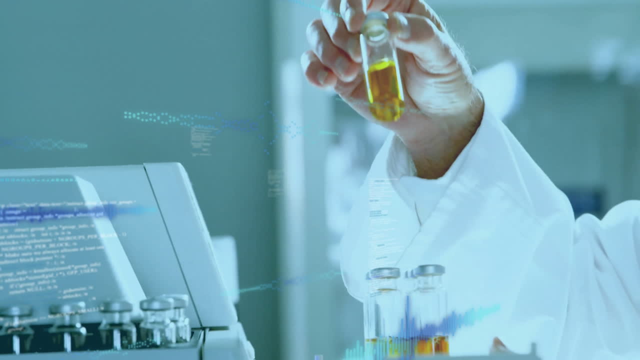 Scientist handling test tube with data processing animation in laboratory