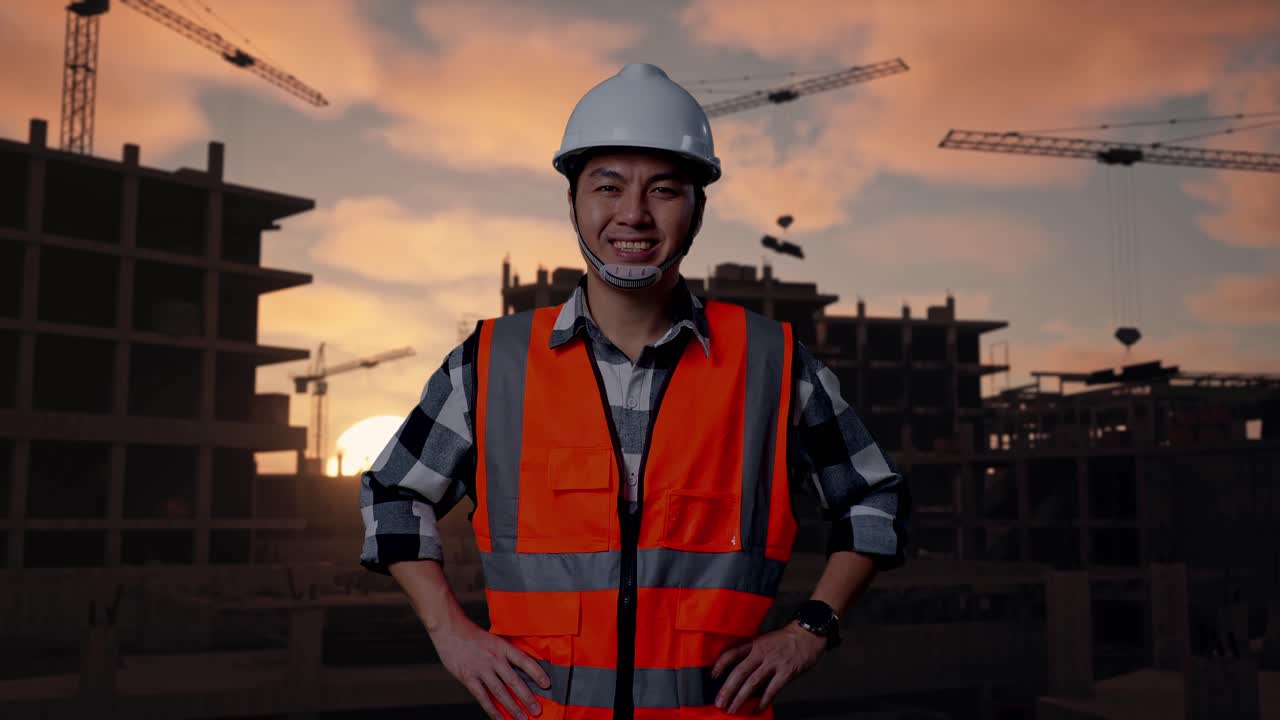 Asian Male Engineer Wearing Safety Helmet Smiling To Camera While Standing With Arms Akimbo At Building & Construction Site in Progress to New House