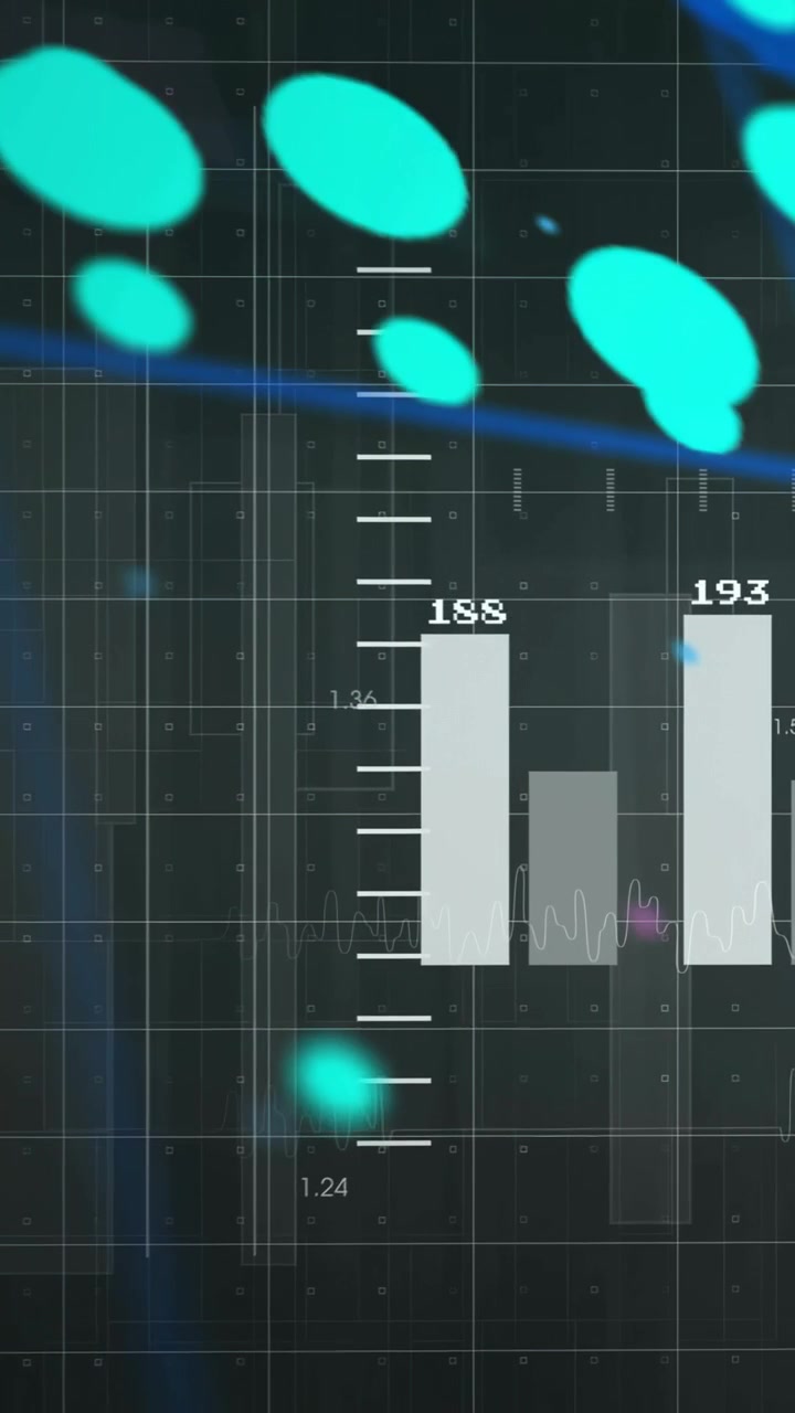 Vertikal video: Turkise partikler som driver, HUD-linjer som trekker seg tilbake og vipper, og viser numeriske trender.