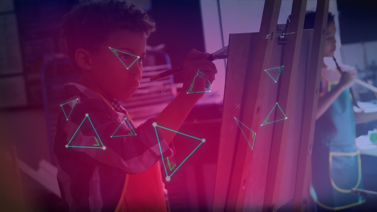 animación de luces y formas geométricas que caen sobre un grupo diverso de niños en la clase de arte