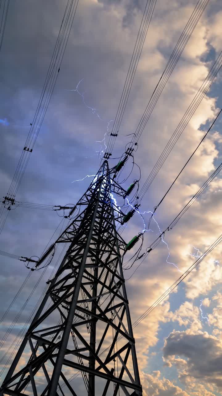 Dramatic low-angle shot of a power line tower against a stormy sky, capturing electricity arcing