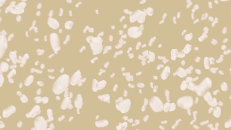 volando mucho arroz en fondo marrón. granos de arroz blanco. arroz glutinoso. vegetariano. comida saludable. animación de bucle 3d de arroz girando.