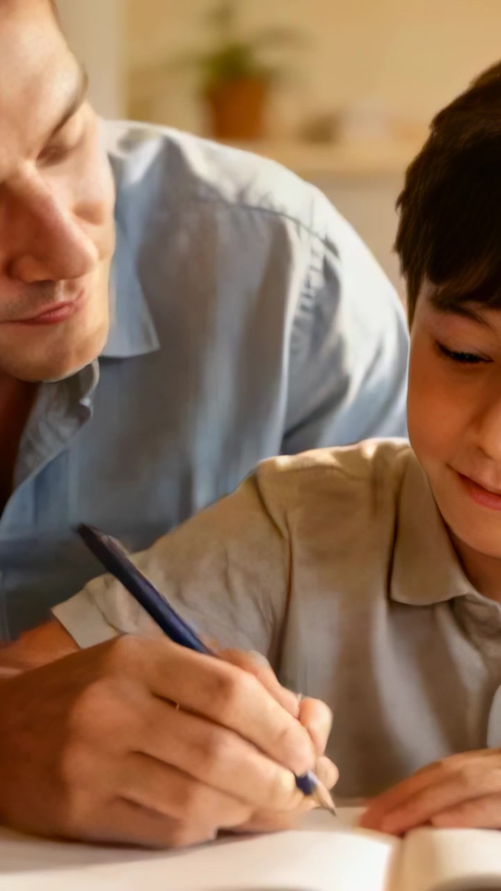 Video verticale: Papà in camicia blu che posiziona la penna e guida la scrittura del figlio in un libro a casa con una penna blu