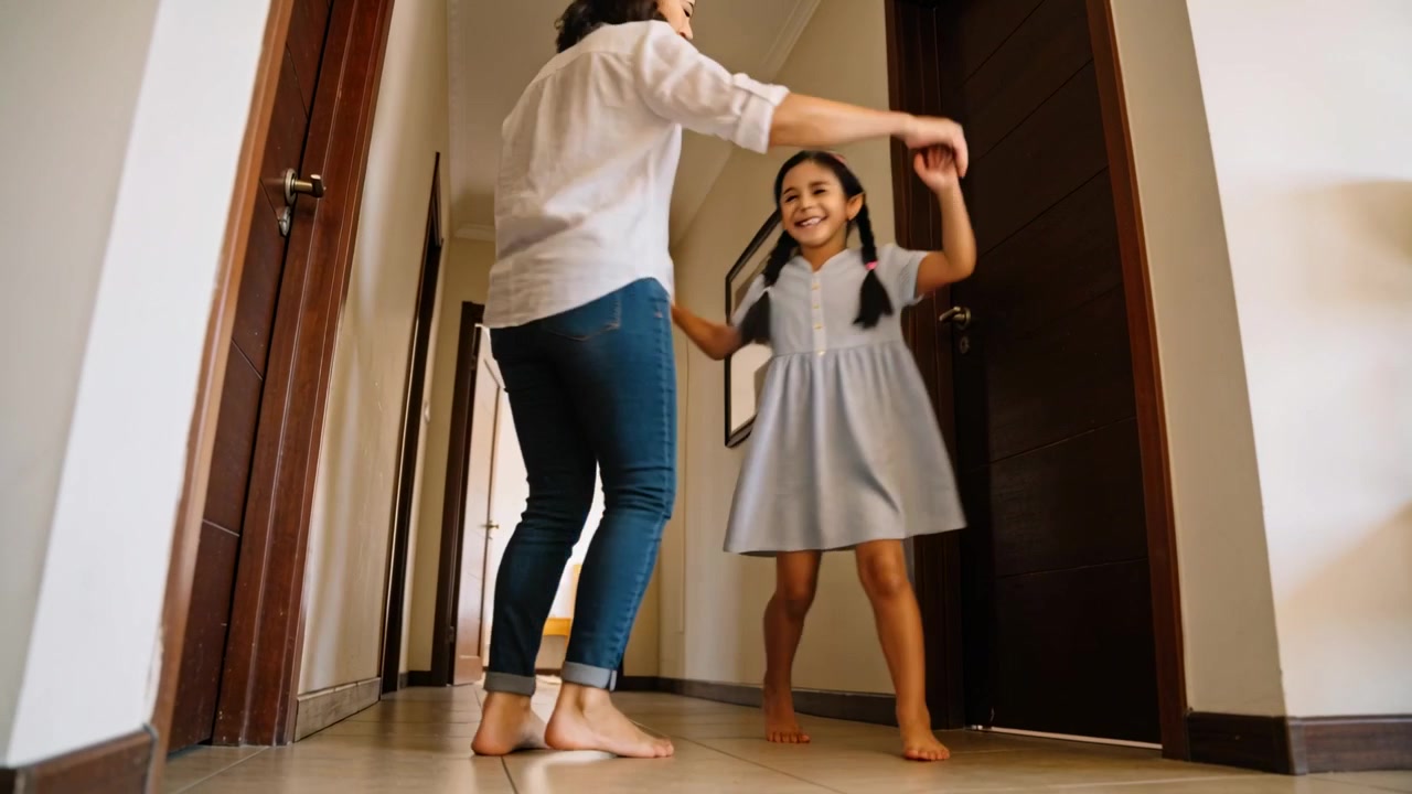 Hugging at doorway, mom helping girl twirling in home hallway on tiles, bonding, blouse jeans dress