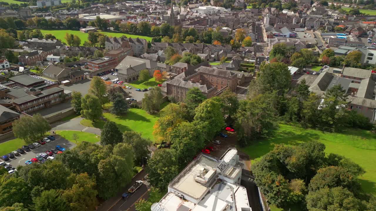 Wide overhead 4K 60FPS aerial of Armagh Planetarium and the surrounding area in Northern Ireland in the UK. Produced with Rec709 color