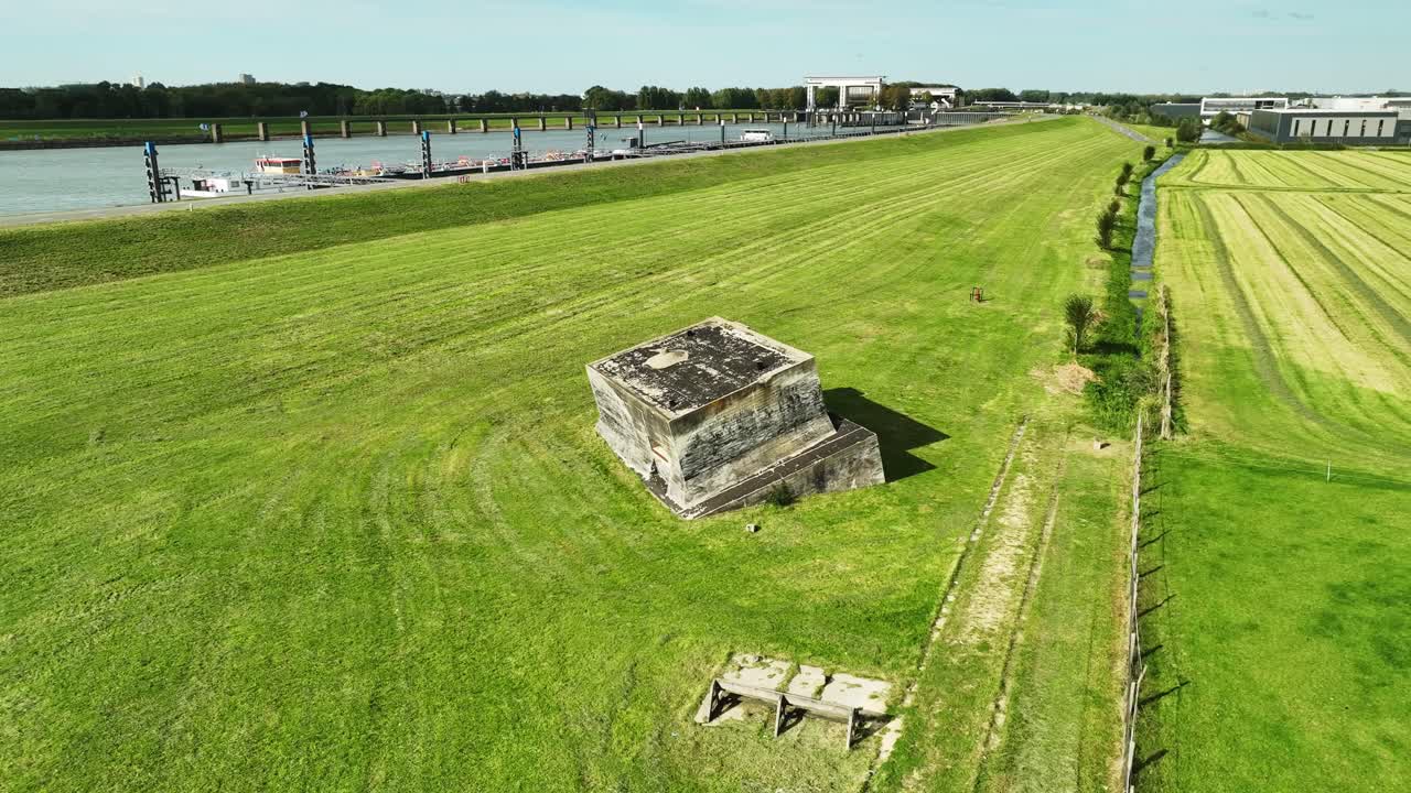 Aerial orbit historic bunker along the Dutch waterline, military defense line during World War II