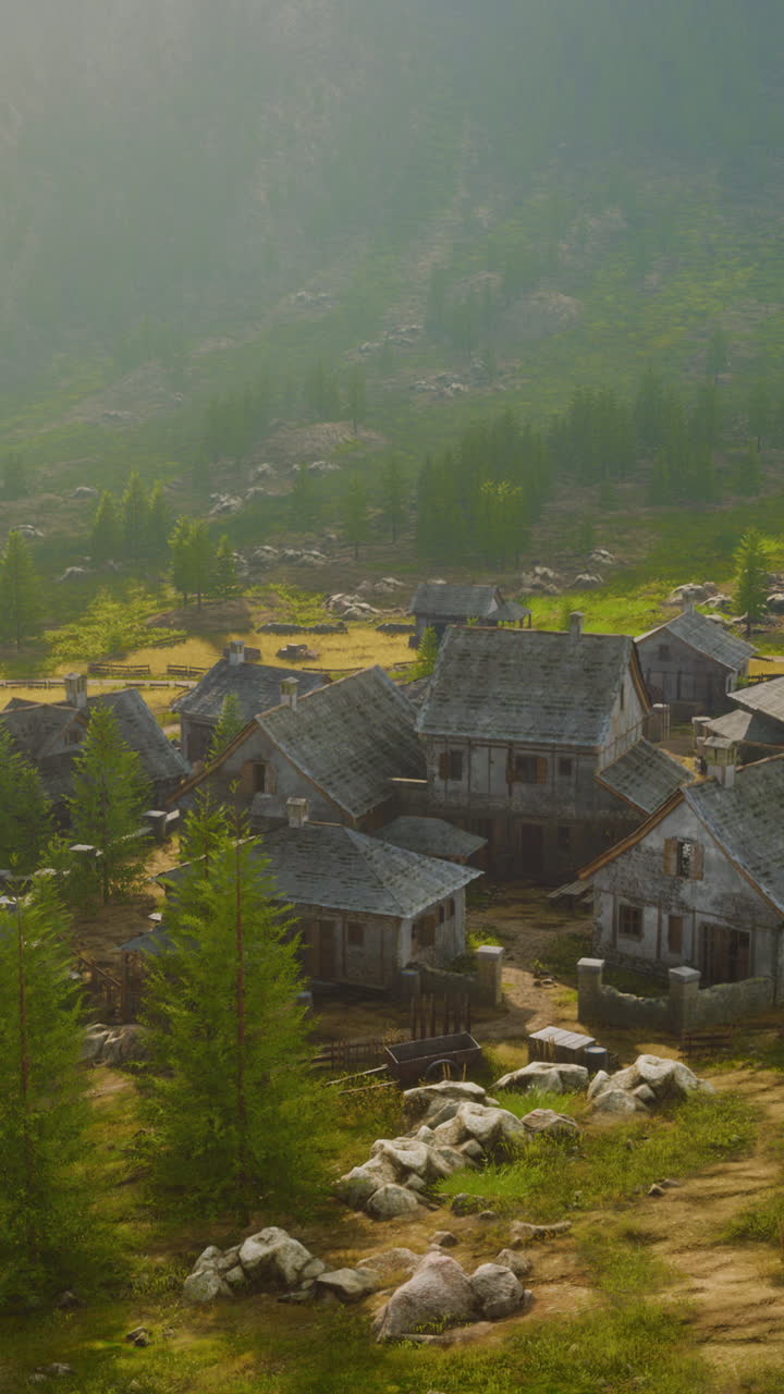 pueblo medieval en un bosque de fantasía