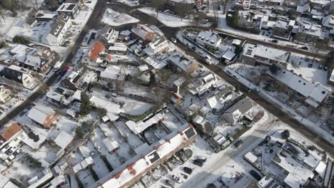 aerial of busy small town in winter