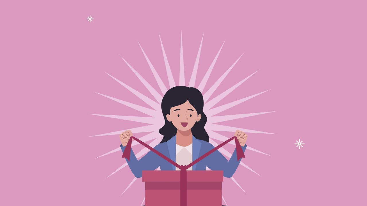 젊은 여성이 선물 캐릭터를 풀고 있습니다.