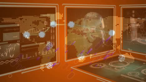 Animation-of-purple-shapes-over-screens-with-world-map-on-orange-background