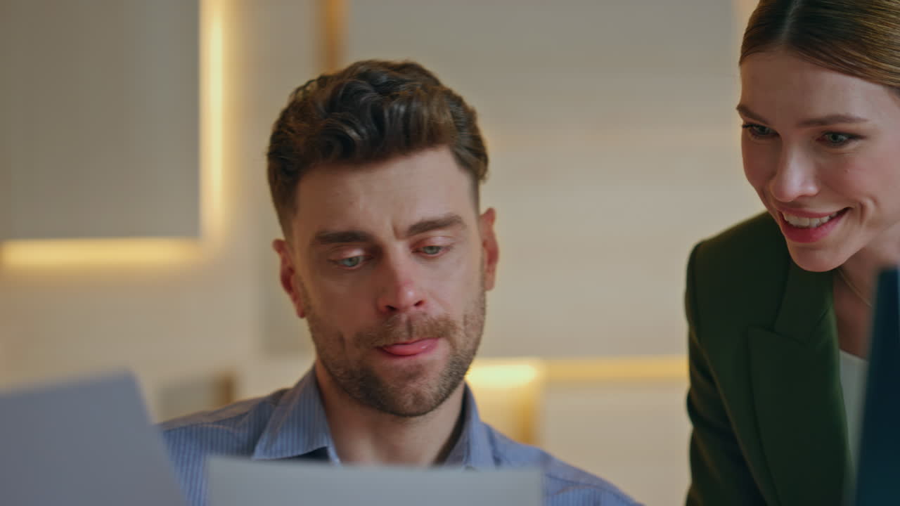 Office workers talking coworking space close up. Two managers sharing ideas work