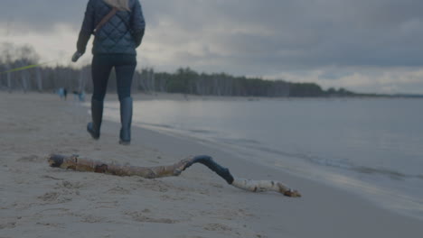 Piernas-De-Una-Mujer-Caminando-Sobre-Un-Trozo-De-Madera-En-La-Playa-De-Arena-De-Gorki-Zachodnie-En-Un-Atardecer-Nublado-En-Polonia