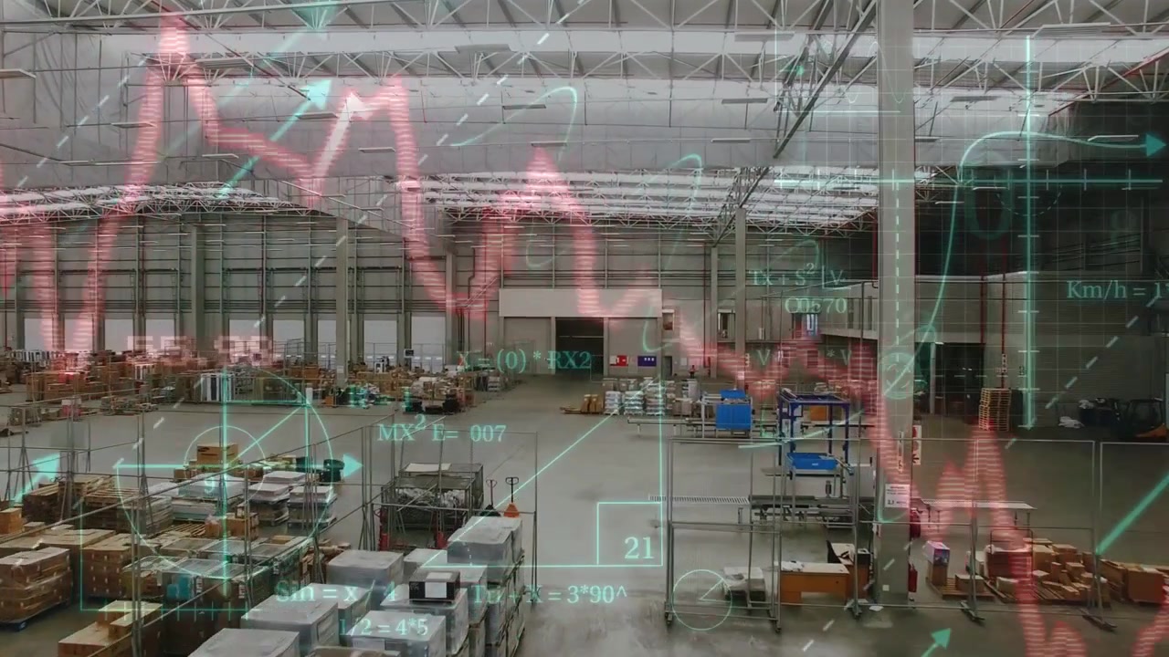 HUD appearing, overlay showing warehouse stock, magenta graph varying across aisle tracking flow