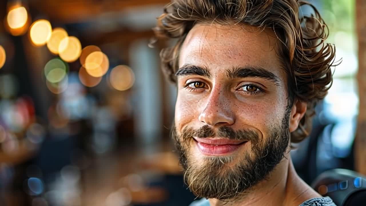 Ritratto di un uomo sorridente con barba e capelli ricci.