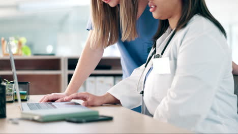 woman, hands and doctor on laptop in teamwork