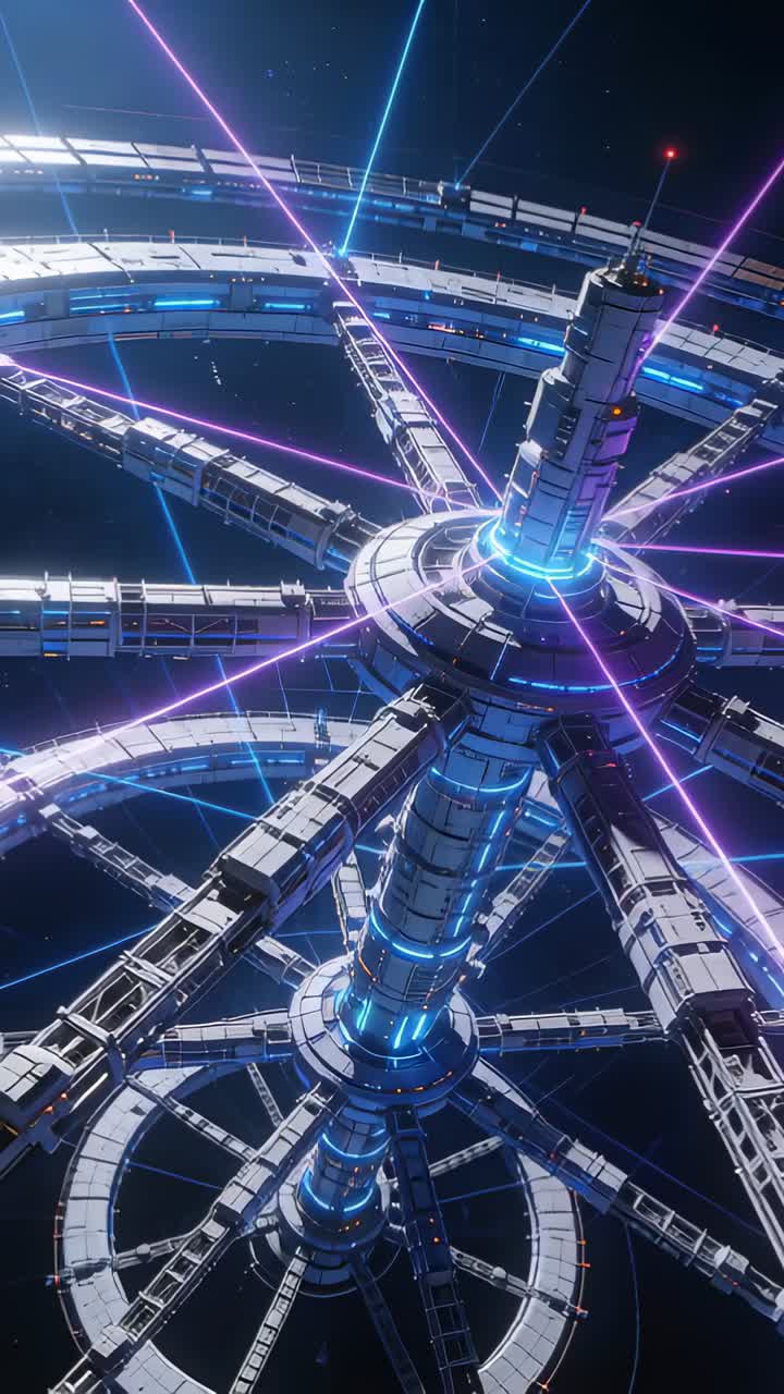Video verticale: Torre assiale che proietta raggi neon pulsanti che alimentano anelli nello spazio, con la telecamera che si inclina.