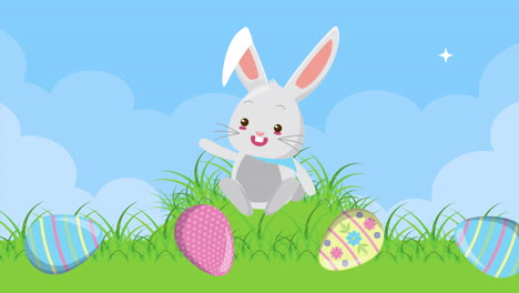 feliz tarjeta animada de pascua con huevos pintados y conejo