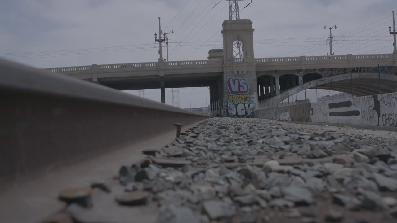 Close up shallow focus shot of abandoned train tracks in Downtown Los Angles on a Bright Sunny Day