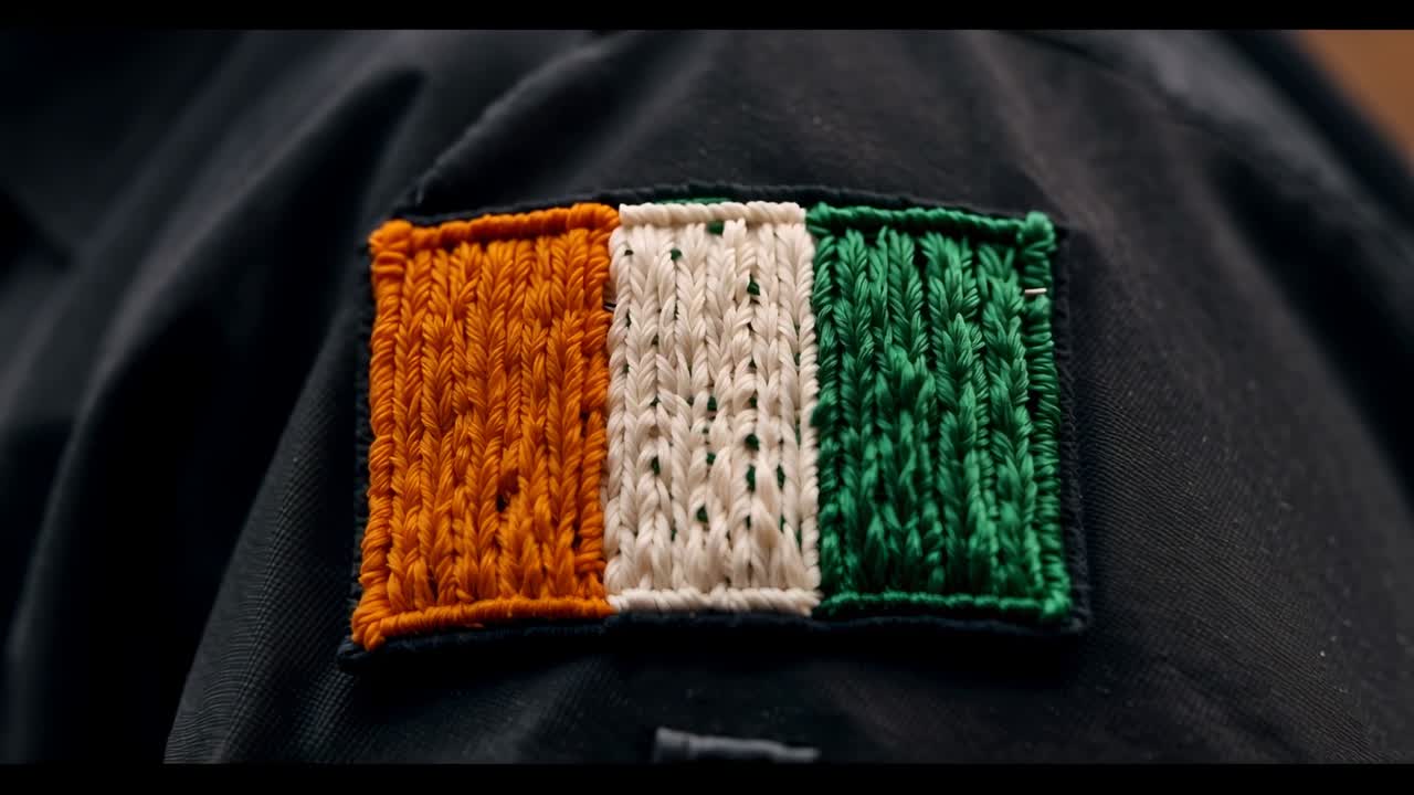 Kameran dras tillbaka och avslöjar ett trefärgat märke i orange, vitt och grönt på uniformens vänstra axel för ID.