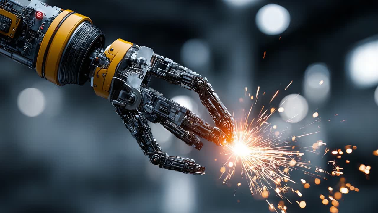 Industrial Robotic Hand Creating Sparks while Engaging in Precision Work within a High-Tech Environment, Showcasing Advanced Mechanisms and Engineering Marvels