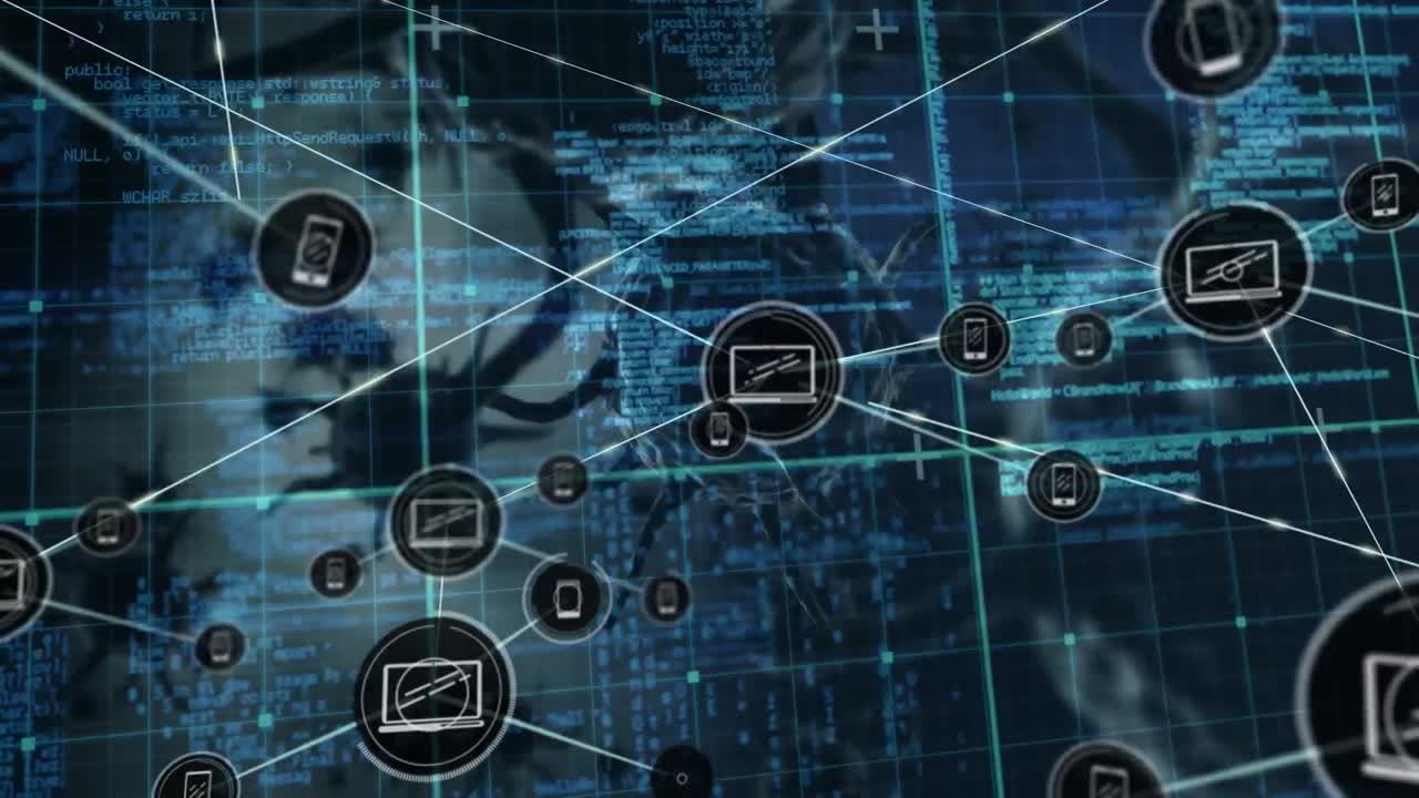 red de iconos de perfil y procesamiento de datos contra múltiples células de covid-19 en fondo azul