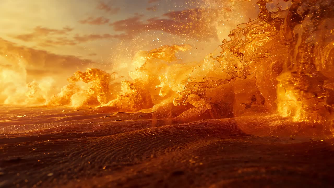 Rolling breaking ocean wave cresting at shoreline under sunrise sky, creating glistening sea foam