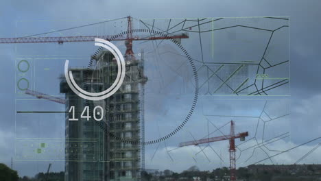 animation of interface with spinning globe and data processing against construction site