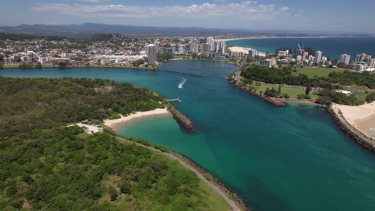 Marlo's Beach, Tweed River Mouth In NSW, Australia - Aerial Drone Shot